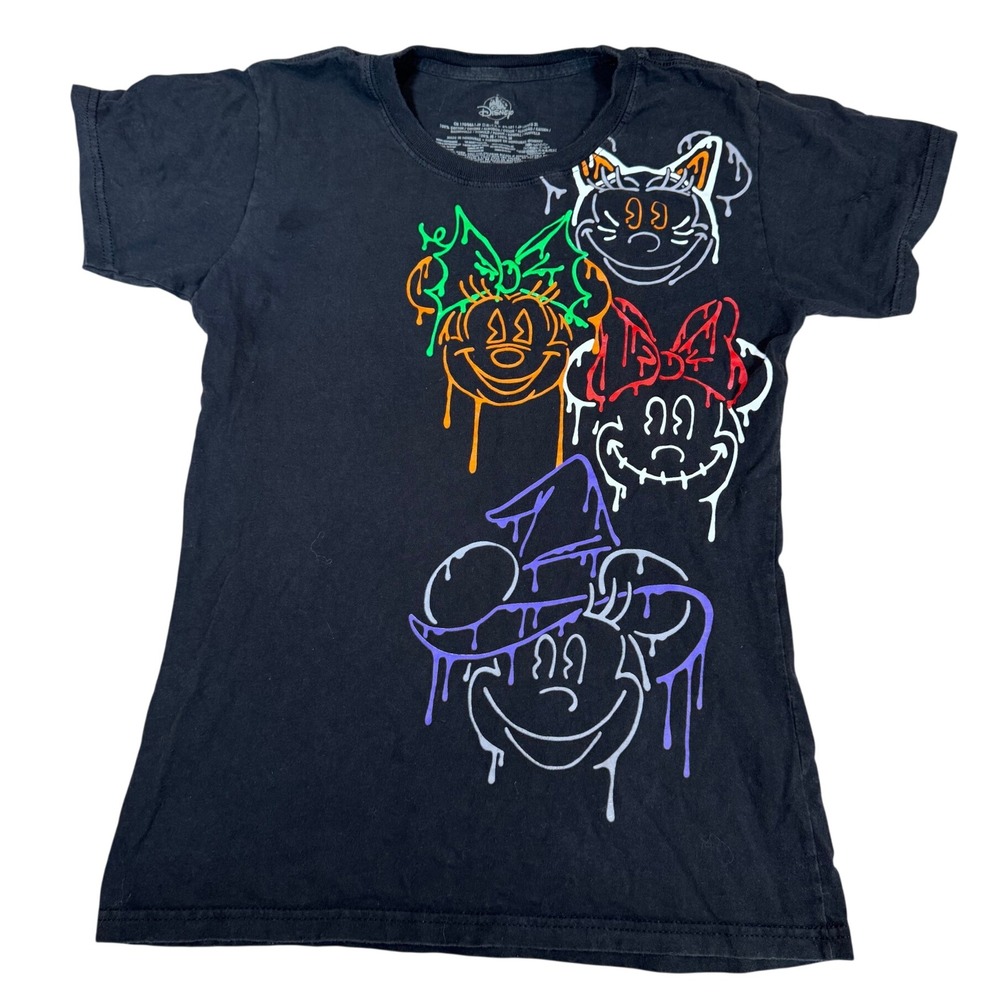 Disney Minnie Mouse Halloween Drip Graphic T-Shirt M Black Neon Witch Cat